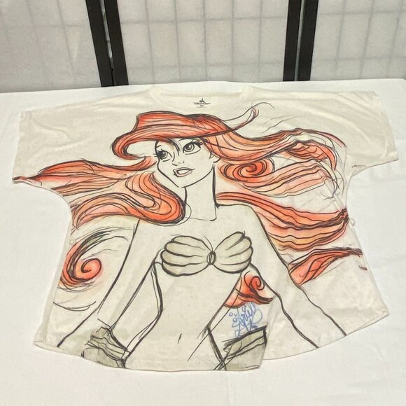 Disney Parks Princess Signed Short Sleeve Ariel Linen Blend Tee Cream Natural - Picture 7 of 13